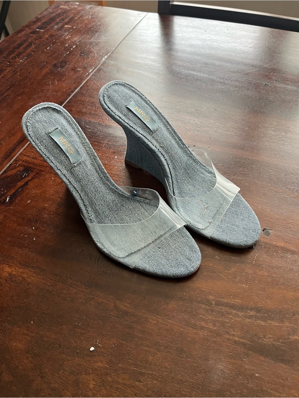 MNG Denim Clear-Strap Mule Heels in Gray